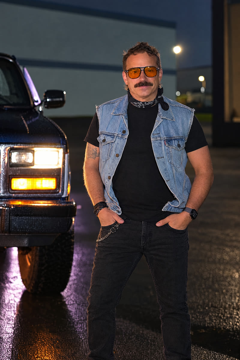 Chris Ferris (bass) in a denim vest and orange sunglasses, standing in front of the truck at night.